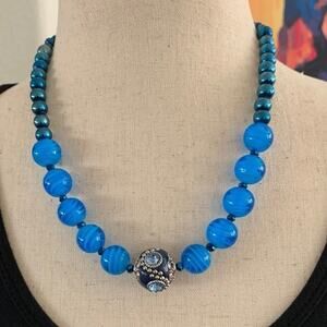 BEADED‎ boho blue necklace. Handmade one of a kind.
